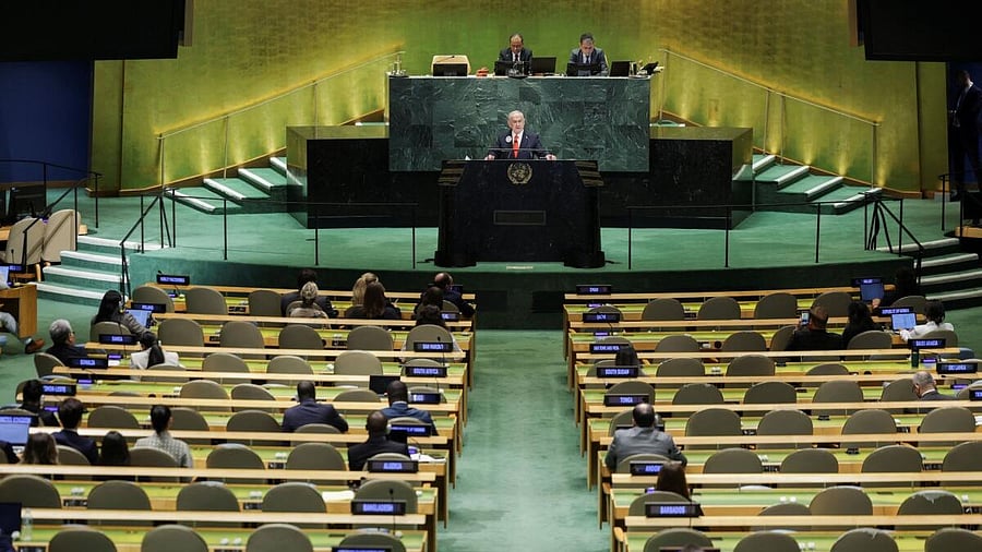 <div class="paragraphs"><p>Israeli Prime Minister Benjamin Netanyahu addresses the 80th United Nations General Assembly (UNGA) at UN headquarters in New York City</p></div>