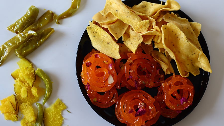 Jalebi with fafda, a beloved combination from Gujarat.