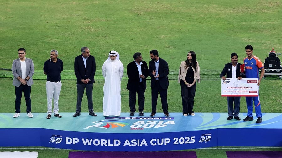 <div class="paragraphs"><p>Dubai International Cricket Stadium, Dubai, United Arab Emirates - September 28, 2025 General view as Asian Cricket Council and Pakistan Cricket Board chairman Mohsin Naqvi stands on the podium with Emirates Cricket Board Vice Chairman Khalid Al Zarooni before the trophy presentations.</p></div>