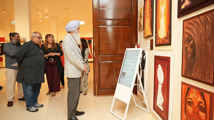 Chiranjiv Singh, retired IAS officer; Darshan Kumar VY, Deputy Curator at National Gallery of Modern Art; and Prof RH Kulkarni, art historian from Karnataka Chitrakala Parishath, at the inauguration on Sunday.
