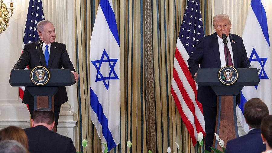 <div class="paragraphs"><p>U.S. President Donald Trump and Israeli Prime Minister Benjamin Netanyahu hold a joint press conference in the State Dining Room at the White House in Washington, D.C., U.S., September 29, 2025.</p></div>