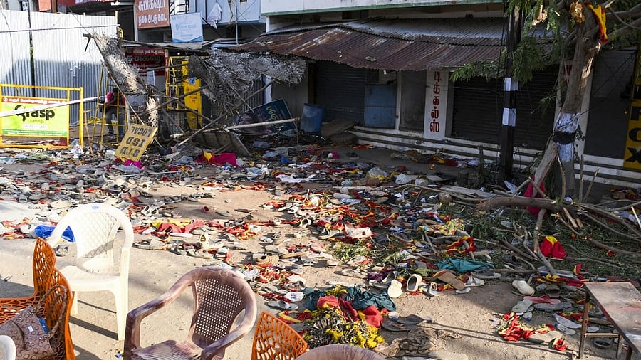 <div class="paragraphs"><p>Footwear and other belongings of people who attended the rally of Vijay, lie on a road in after the stampede.&nbsp;</p></div>