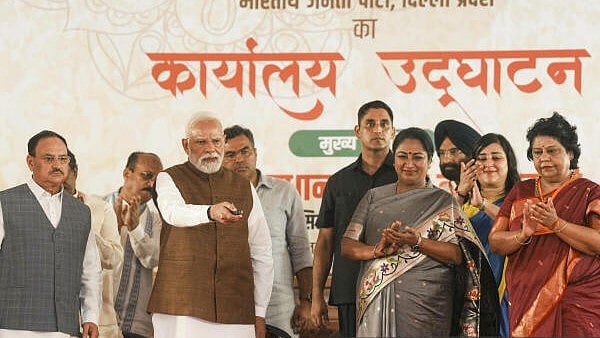 <div class="paragraphs"><p>Prime Minister Narendra Modi with Union Minister and BJP National President J P Nadda, Delhi CM Rekha Gupta and others during the inauguration of Delhi BJP's new office.</p></div>