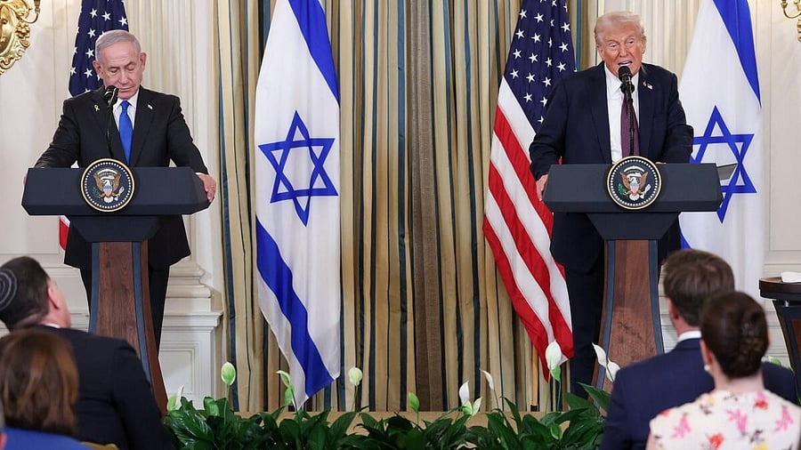 <div class="paragraphs"><p>U.S. President Donald Trump and Israeli Prime Minister Benjamin Netanyahu hold a joint press conference in the State Dining Room at the White House in Washington, D.C., U.S., September 29, 2025.</p></div>