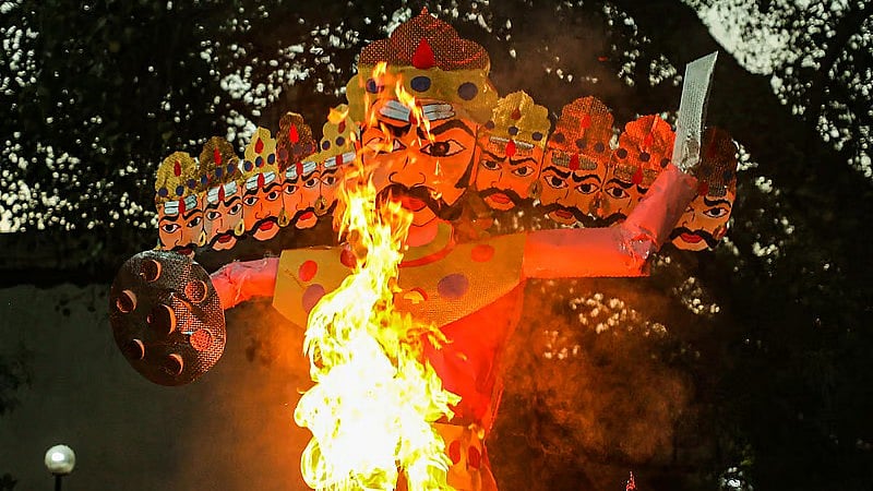 <div class="paragraphs"><p>An effigy of Ravana in flames marking the end of the Dussehra festival, in Jammu.</p></div>
