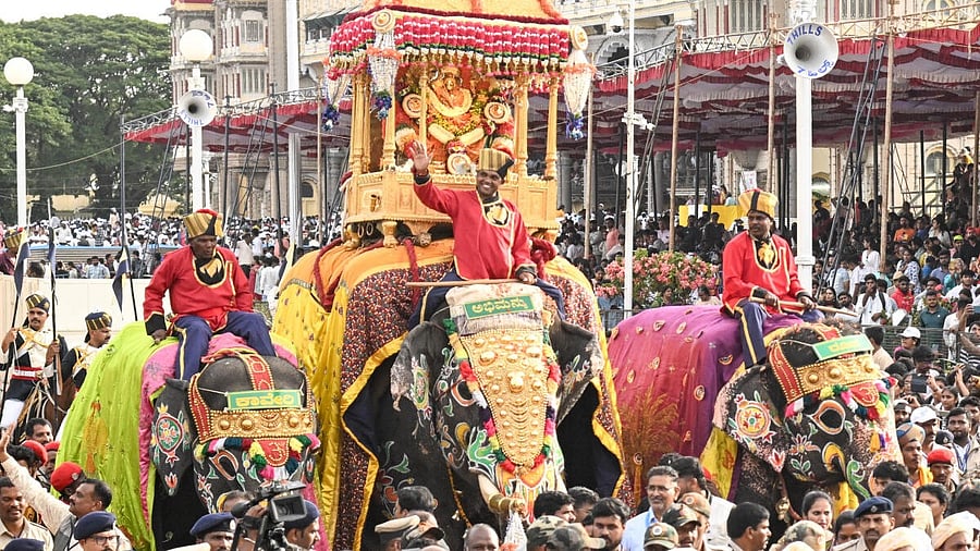 <div class="paragraphs"><p>59-year-old Abhimanyu (centre), carried the 750 kg golden howdah housing the idol of Goddess Sri Chamundeshwari Devi.</p></div>