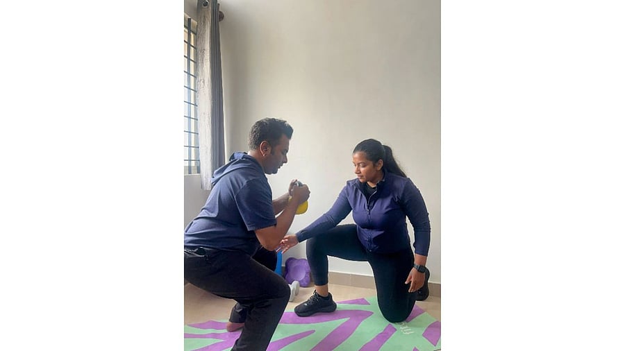 <div class="paragraphs"><p>Poojitha Bheemaraju with a client, during a training session.</p></div>