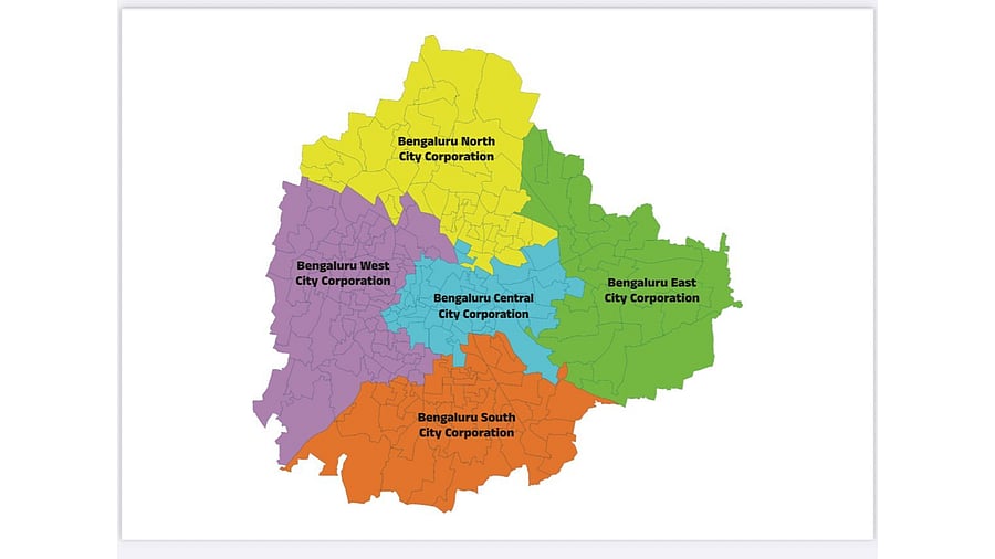 <div class="paragraphs"><p>The ward-wise map of five corporations in Bengaluru.&nbsp;</p></div>