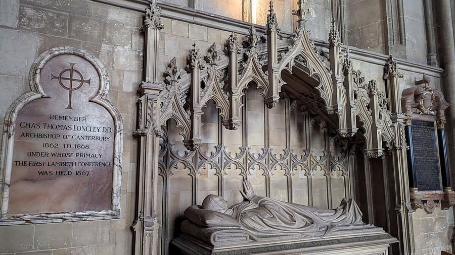 <div class="paragraphs"><p>A wall tablet dedicated to Charles Thomas Longley, who was the Archbishop of Canterbury between 1862-1868, is displayed at Canterbury cathedral in Canterbury, Britain.</p></div>