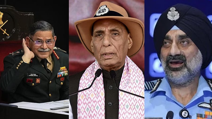 <div class="paragraphs"><p>Army Chief Gen Upendra Dwivedi,&nbsp;Defence Minister Rajnath Singh and&nbsp;Air Force Chief Air Chief Marshal A P Singh.</p></div>