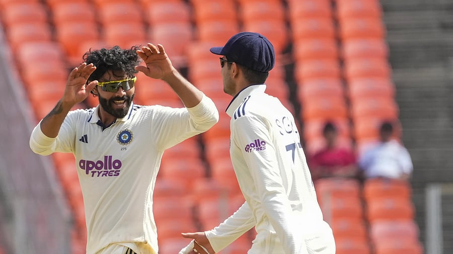 <div class="paragraphs"><p>Ravindra Jadeja (left) followed up his unbeaten 104 on Friday with a four-wicket haul as India completed an innings win over West Indies on the third day of the first Test in in Ahmedabad on Saturday. </p></div>