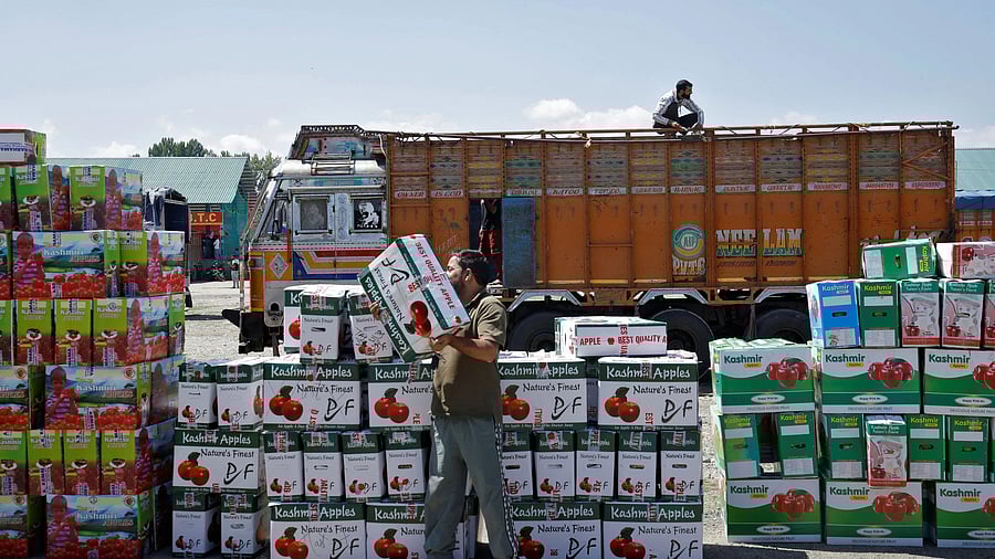 <div class="paragraphs"><p>A fruit grower carries a box of fresh apples at a fruit market as a truck is loaded with apples along the Jammu-Srinagar National Highway, after the highway road was closed following landslide and floods, in Bijbehara town, Anantnag district, in Kashmir, September 10, 2025. </p></div>