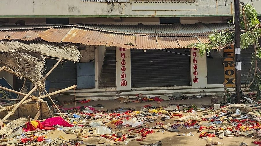 <div class="paragraphs"><p> Footwear and other belongings of people, who attended the rally of actor and Tamilaga Vetri Kazhagam (TVK) Chief Vijay, lie on a road in the aftermath of a stampede during the rally, in Karur district, Tamil Nadu.</p></div>