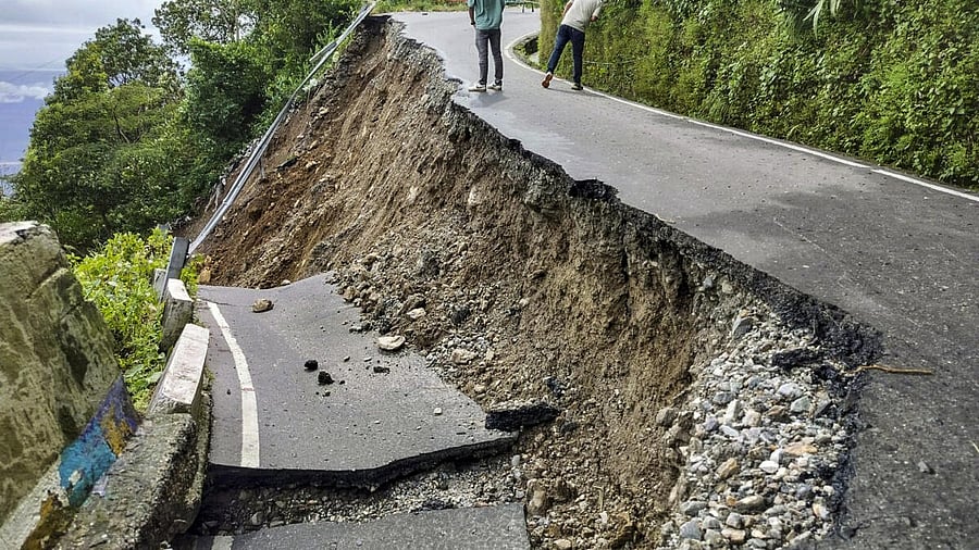 <div class="paragraphs"><p>A portion of the Rohini road connecting Siliguri and Darjeeling, damaged after heavy rainfall triggers landslides.</p></div>