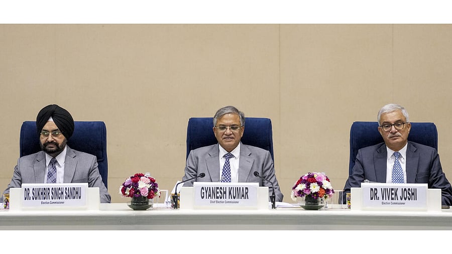 <div class="paragraphs"><p>Chief Election Commissioner Gyanesh Kumar with Election Commissioners Sukhbir Singh Sandhu and Vivek Joshi during a press conference regarding the 2025 Bihar Assembly elections, in New Delhi.</p></div>