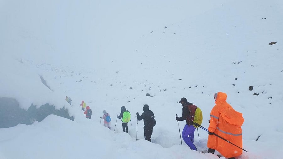 <div class="paragraphs"><p>A screen capture from video shows trekkers leaving their campsite, as unusually heavy snow and rainfall pummeled the Himalayas, in the Tibet Region, China, October 5, 2025.</p></div>