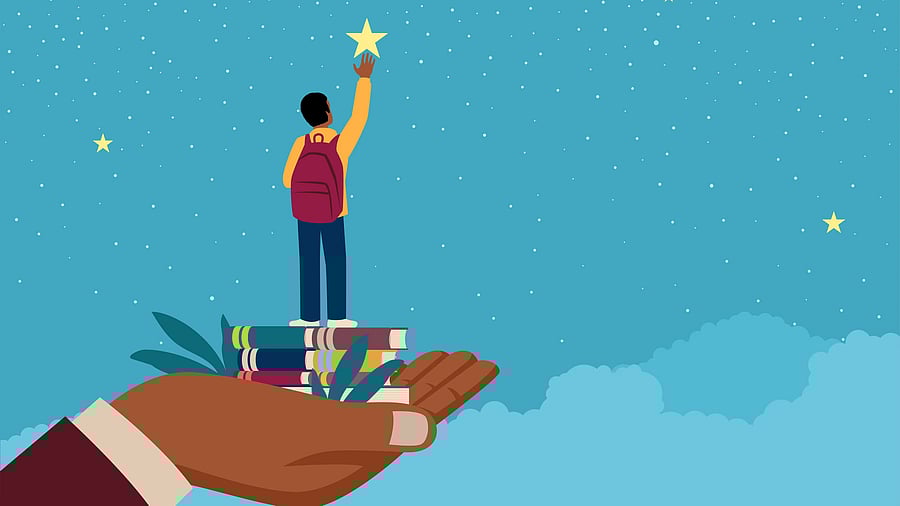 Simple flat vector illustration of a black man hand lifting up a school afro boy to reach for the star, education, parent responsibility concept