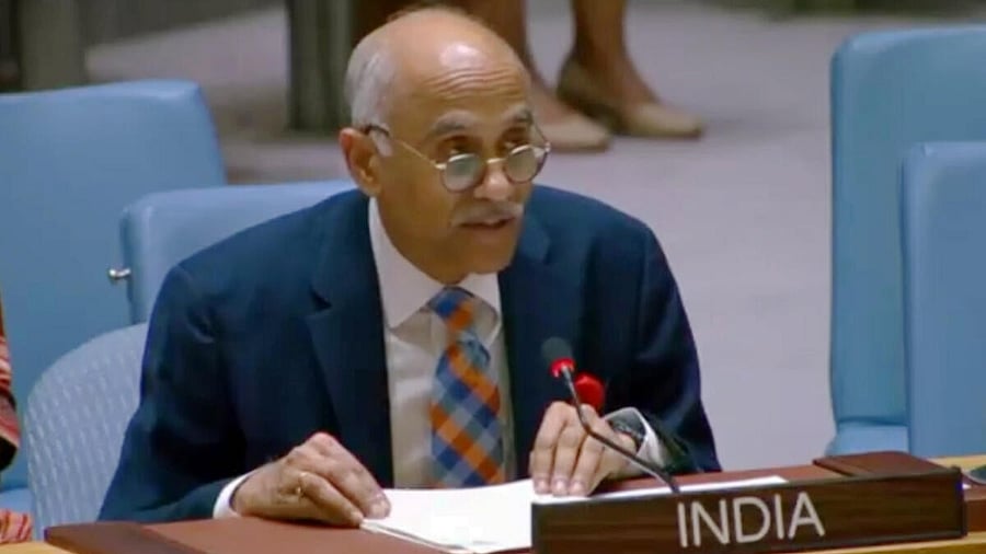 <div class="paragraphs"><p>Permanent Representative of India to the United Nations, Parvathaneni Harish delivers India's statement at the UN Security Council Open Debate on Women, Peace and Security, in New York, USA.</p></div>