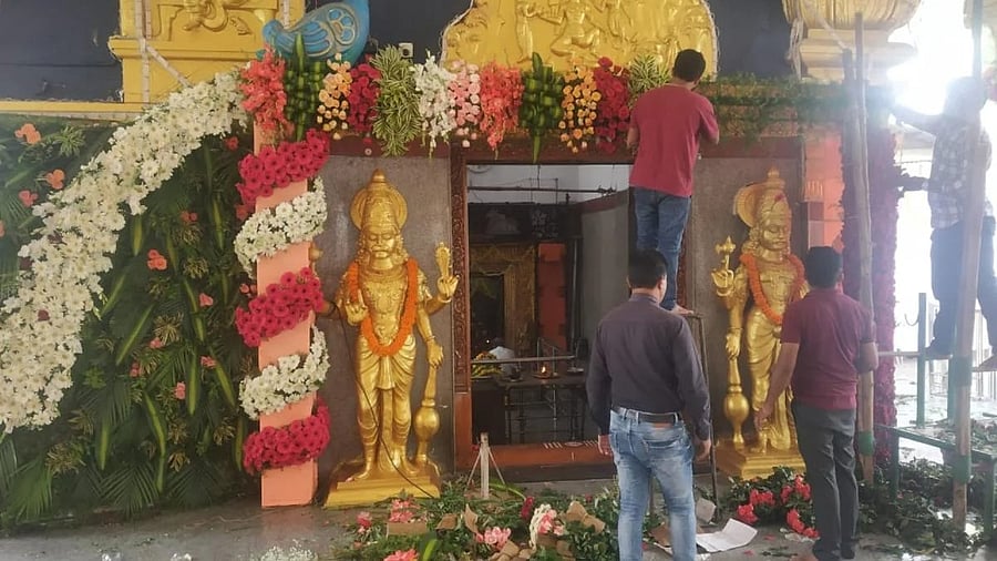 <div class="paragraphs"><p>Hasanamba temple decorated with colourful flowers, on the eve of Hasanamba Jatra Mahotsava, on Wednesday. </p></div>