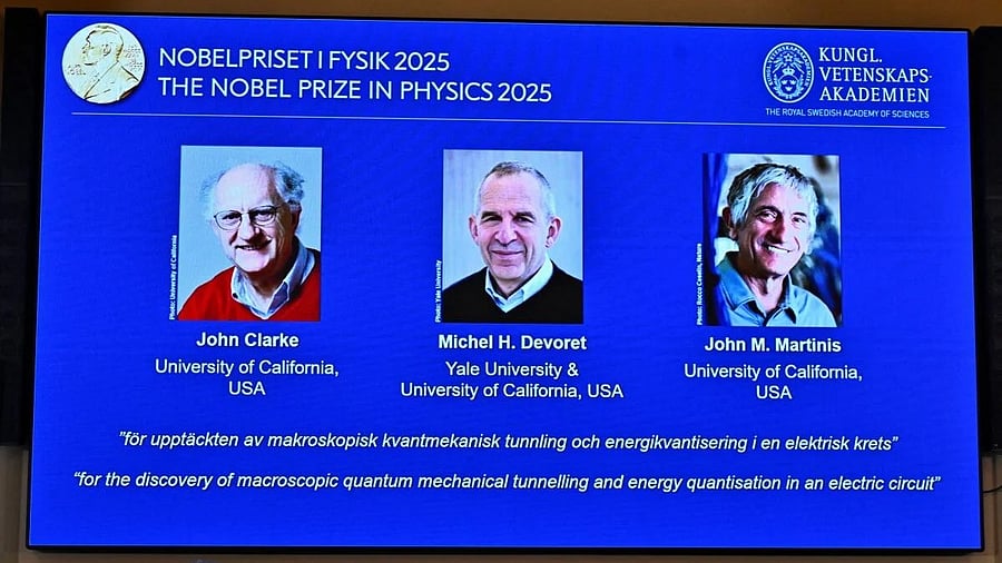 <div class="paragraphs"><p>John Clarke, Michel H. Devoret and John M. Martinis are announced this year's Nobel Prize winners in Physics, by the Royal Swedish Academy of Sciences at a press conference in Stockhom, Sweden.</p></div>