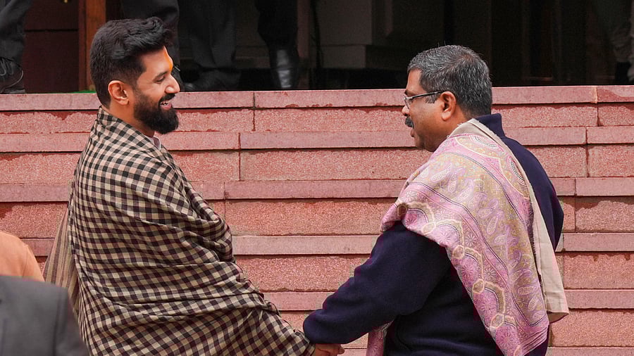<div class="paragraphs"><p>Union Minister Dharmendra Pradhan with LJP(Paswan) MP Chirag Paswan</p></div>