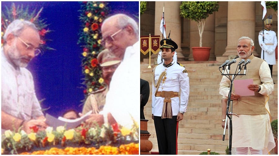 <div class="paragraphs"><p>Narendra Modi taking oath as Gujarat CM in 2001 (L) Modi's swearing-in as prime minister in 2013.</p></div>