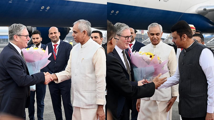 <div class="paragraphs"><p>Acharya Devvrat, Governor of Maharashtra  and Chief Minister Devendra Fadnavis welcomed PM Keir Starmer upon his arrival.</p></div>