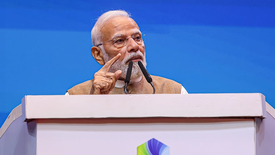 PM Narendra Modi inaugurated the ‘India Mobile Congress 2025’, at Yashobhoomi in New Delhi on Wednesday. Photo: PTI