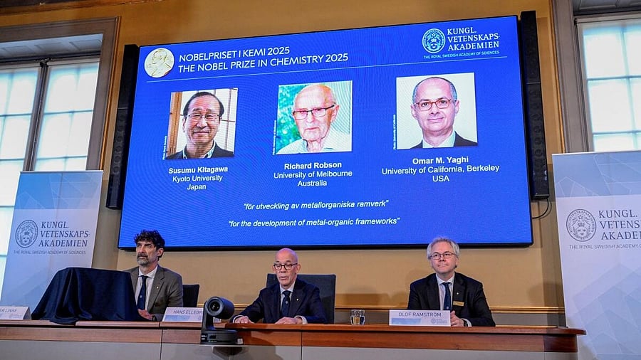 <div class="paragraphs"><p>A screen displays the 2025 Nobel Prize laureates in Chemistry, Susumu Kitagawa (Kyoto University, Japan), Richard Robson (University of Melbourne, Australia), and Omar M. Yaghi (University of California, Berkeley, U.S.), as they are announced during a press conference at the Royal Swedish Academy of Sciences in Stockholm, Sweden.</p></div>