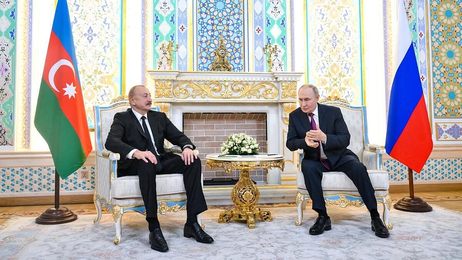 <div class="paragraphs"><p>Russian President Vladimir Putin and Azerbaijani President Ilham Aliyev attend a meeting in Dushanbe, Tajikistan October 9, 2025.</p></div>