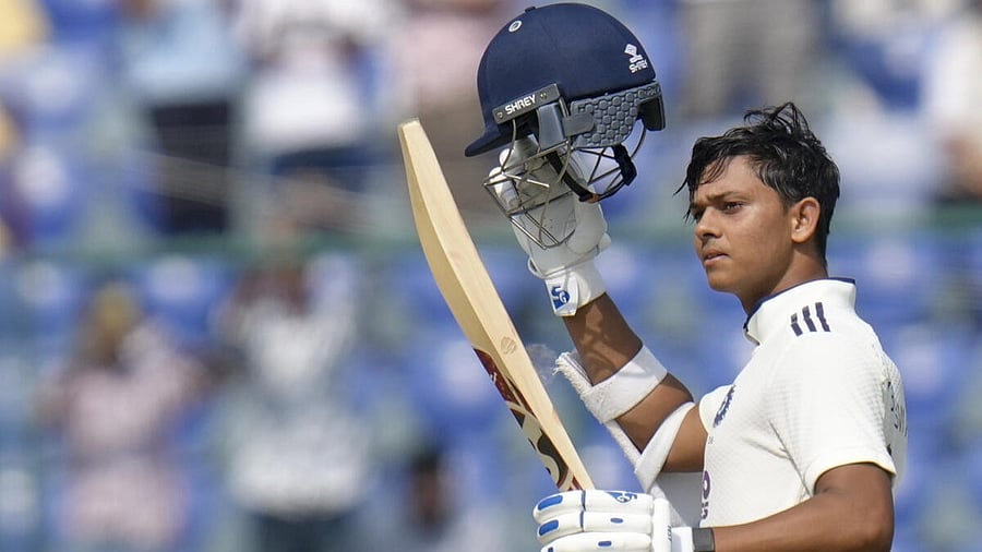 <div class="paragraphs"><p>Yashasvi Jaiswal celebrates his century.&nbsp;</p></div>