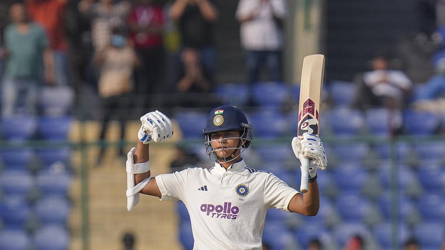 <div class="paragraphs"><p>Yashasvi Jaiswal celebrates after completing his hundred.&nbsp;</p></div>