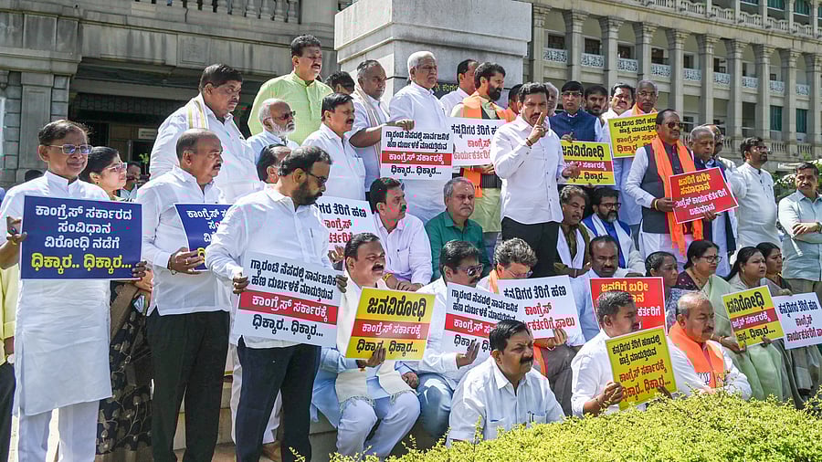 A file photo of BJP-JD(S) leaders holding a protest against the Congress government on the Vidhana Soudha premises in Bengaluru. The alliance reaped rich dividends in the 2024 parliamentary elections, bagging 19 of the 28 constituencies up for grabs in the state. But the cadre of the two parties are sceptical on whether the tie-up will work in local body elections.  