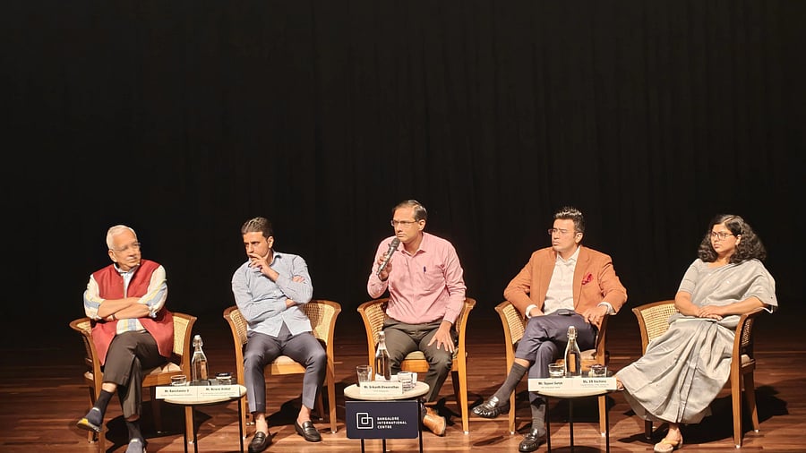 Ravichandar (member, Brand Bengaluru committee), Rizwan Arshad (MLA, Shivajinagar and chair of the joint select committee on GBG Bill 2024), Tejasvi Surya (MP, Bangalore South), and V R Vachana (associate director–policy, Janaagraha) take part in a panel discussion moderated by Srikanth Viswanathan, CEO of Janaagraha, in Bengaluru on Saturday. DH Photo