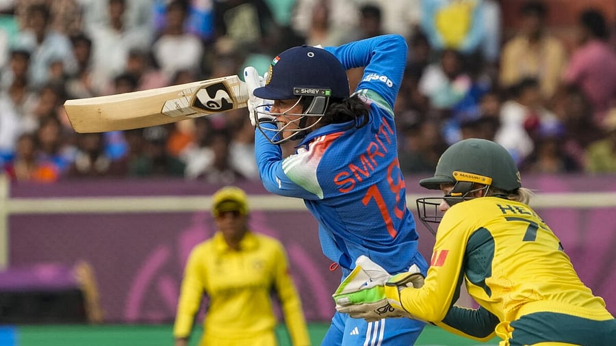 <div class="paragraphs"><p>India's Smriti Mandhana plays a shot during the ICC Women's World Cup ODI cricket match between India Women and Australia Women, at the ACA-VDCA International Cricket Stadium, in Visakhapatnam.</p></div>