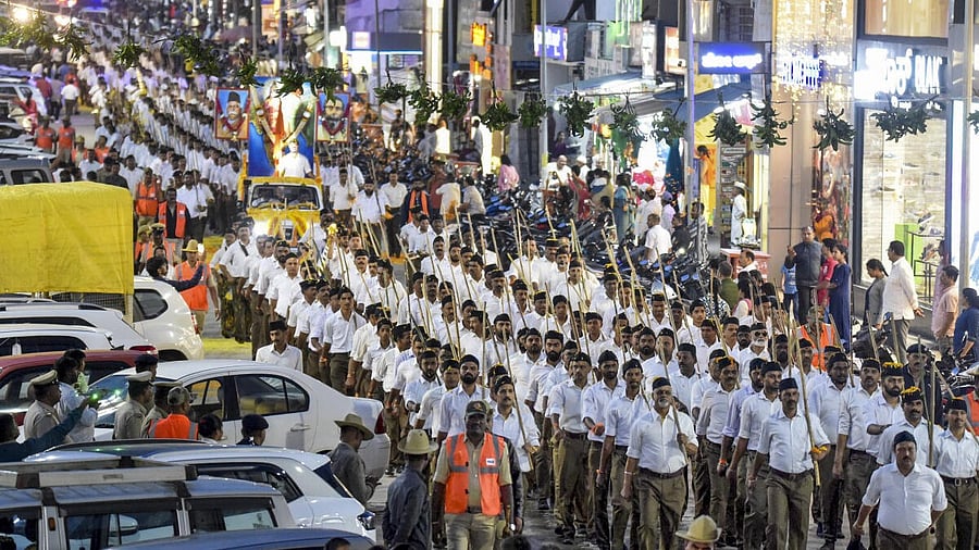 <div class="paragraphs"><p>Rashtriya Swayamsevak Sangh volunteers participating in a march to mark the centenary of the organisation, in Chikkamagaluru, Karnataka.<br></p></div>