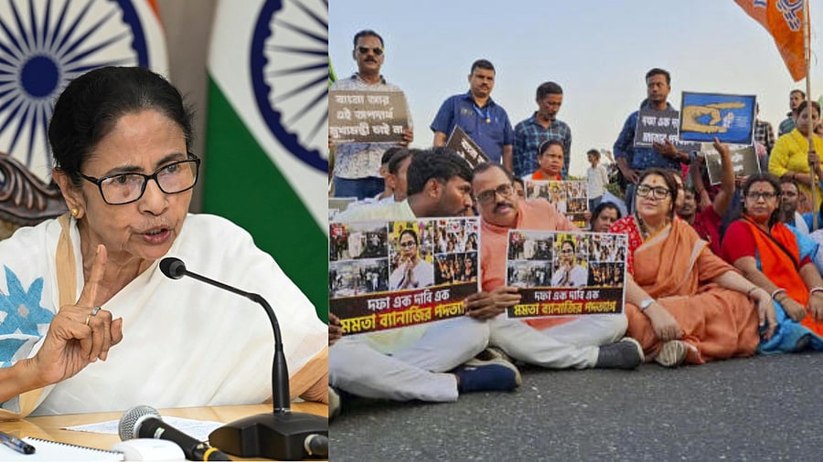 <div class="paragraphs"><p>BJP leaders protest against govt, police in Durgapur gang rape case (R).&nbsp;Mamata Banerjee (L).&nbsp;</p><p><br></p></div>