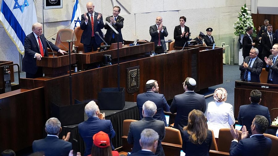 <div class="paragraphs"><p>President Donald Trump speaks to the Knesset, Israel's parliament, Monday, Oct. 13, 2025, in Jerusalem. </p></div>