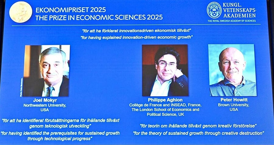 <div class="paragraphs"><p>The Nobel Prize in Economics 2025 is awarded to Joel Mokyr,&nbsp;Philippe Aghion, and Peter Howitt The Sveriges Riksbank Prize in Economic Sciences in Memory of Alfred Nobel, the Nobel Prize in Economic Sciences 2025, is presented during a press conference at the Royal Swedish Academy of Sciences in Stockholm, Sweden.</p></div>