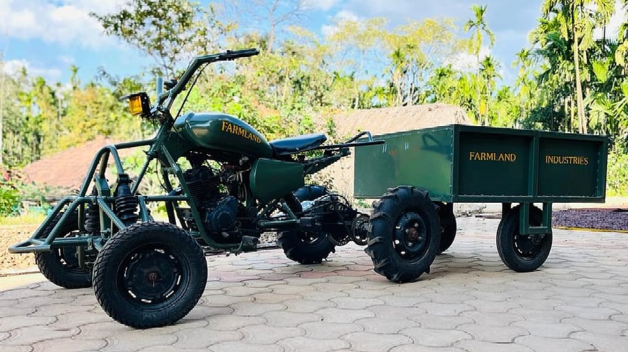 The quad vehicle, developed by Shivamogga-based engineer Vishwanath K S, has a detachable trolley capable of carrying 500 to 800 kg. The model is expected to ease labour shortages and make fertiliser and manure application convenient.