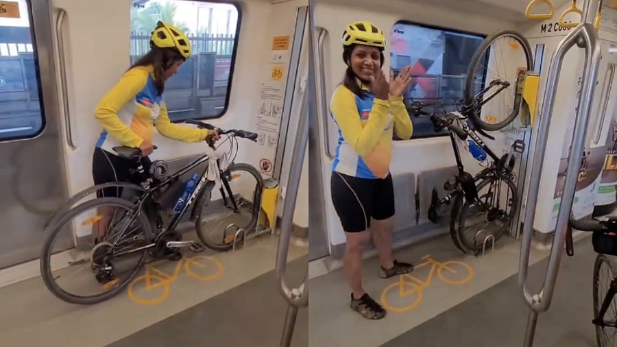 <div class="paragraphs"><p>A woman parking her bicycle in the permitted compartment of <a href="https://www.deccanherald.com/tags/mumbai">Mumbai</a>-metro line.</p></div>