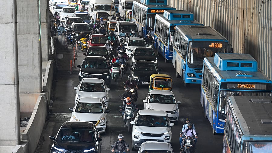 <div class="paragraphs"><p>Traffic crawls along the Outer Ring Road near the Marathahalli underpass. </p></div>