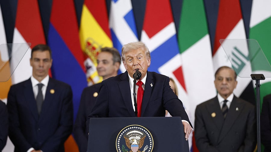 <div class="paragraphs"><p>US President Donald Trump speaks during a world leaders' summit on ending the Gaza war</p></div>