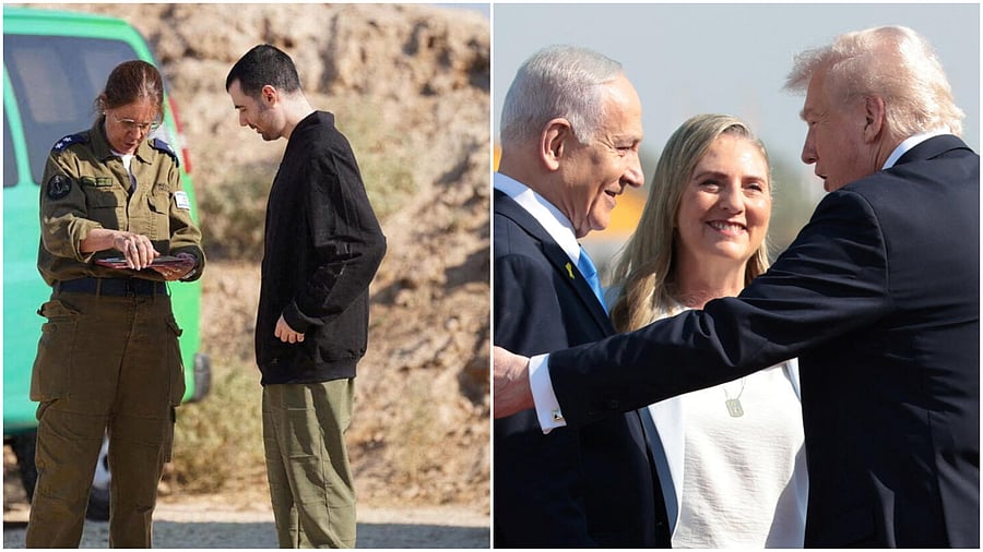 <div class="paragraphs"><p>Released Israeli hostage Guy Gilboa-Dalal speaks with a representative of the Israeli army (L), Israeli Prime Minister Benjamin Netanyahu welcomes US President Donald Trump at Ben Gurion International Airport.</p></div>