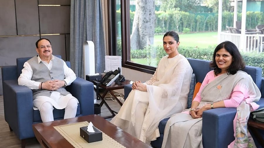 <div class="paragraphs"><p>JP Nadda with Deepika Padukone and&nbsp;Punya Salila Srivastava.</p></div>