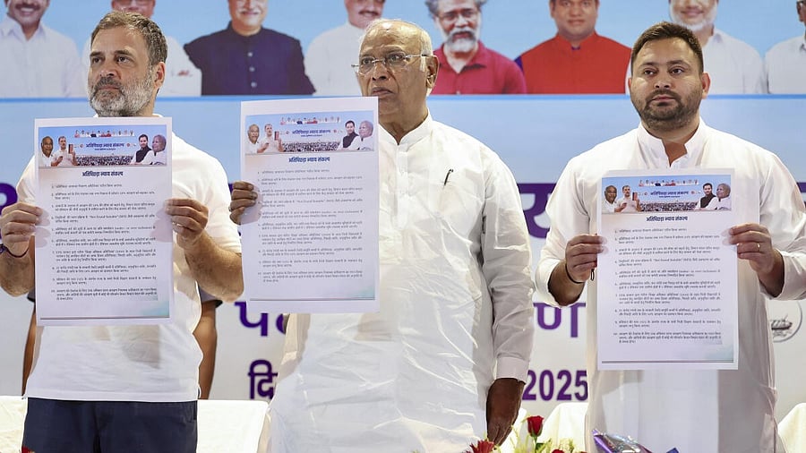 <div class="paragraphs"><p>From left: Rahul Gandhi, Mallikarjun Kharge and Tejashwi Yadav.&nbsp;</p></div>