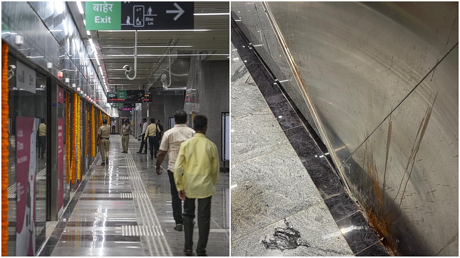 <div class="paragraphs"><p>Commuters wait on a platform at  the Aqua Line (L), Gutka stains on the Aqua Line.&nbsp;</p></div>