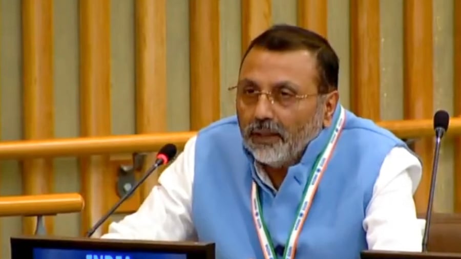 <div class="paragraphs"><p>BJP MP Nishikant Dubey delivers India's statement on Promotion and Protection of Rights of Children during a session of the United Nations General Assembly.</p></div>
