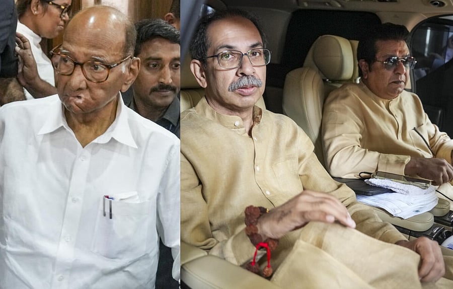 <div class="paragraphs"><p>NCP (SP) chief Sharad Pawar (L), Shiv Sena (UBT) chief Uddhav Thackeray and Maharashtra Navnirman Sena chief Raj Thackeray were part of the delegation that met&nbsp;Maharashtra’s Chief Electoral Officer on Tuesday.</p></div>