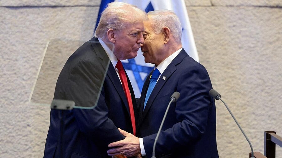 <div class="paragraphs"><p>U.S. President Donald Trump and Israeli Prime Minister Benjamin Netanyahu stand at the Knesset on the day Trump addresses it, and ceasefire deal between Israel and Hamas, in Jerusalem.</p></div>